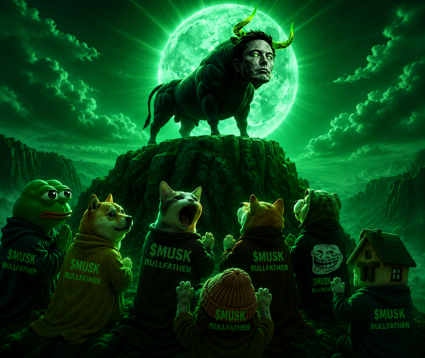 The $MUSK Bullfather standing on a mountain under a green moon while the meme herd worships